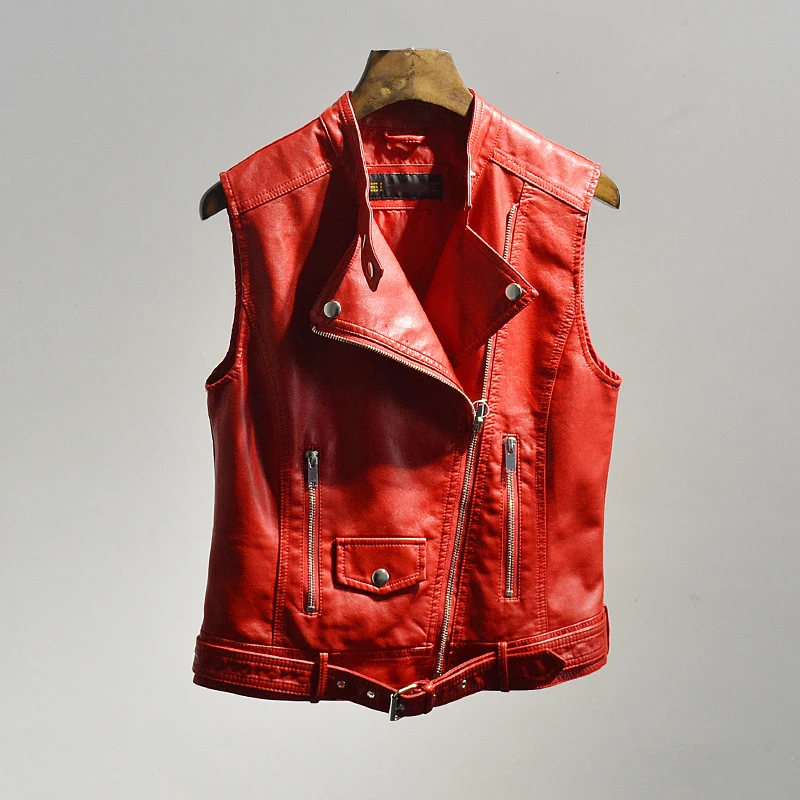 2018 Brand New Women Black/Red PU Leather Vests Motorcycle Sleeveless