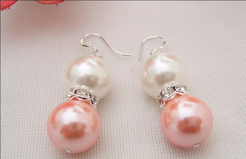 

Lovely Women's Wedding Jewelry FREE shipping> >>>E0903006 AAA White&Pink Sea Shell Pearl Earrings-925 silver Hook