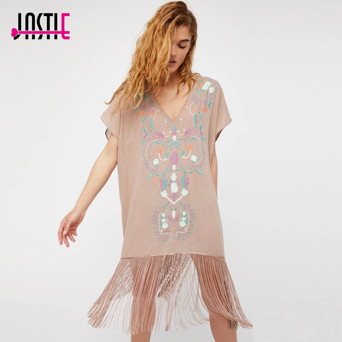 

Jastie Ethnic Embroidered Kaftan Summer Dress V-Neck Short Sleeve Women Dress Tassel Hem Boho Hippie Chic Casual Beach Vestidos