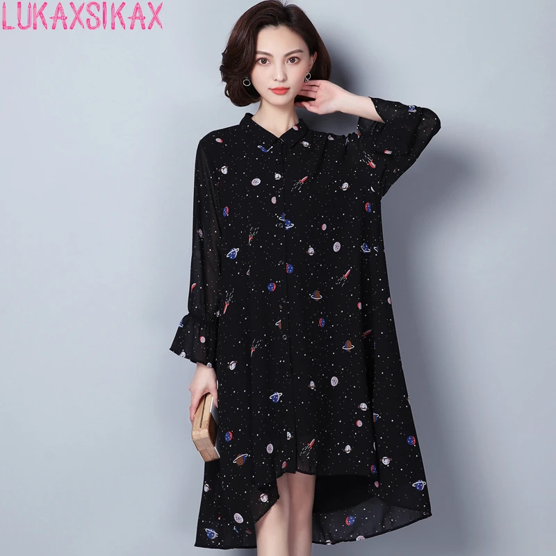 

LUKAXSIKAX 2018 New Spring Autumn Women Long Sleeve Dress Plus Size Loose Casual Dress Universe Print Black Chiffon Dress