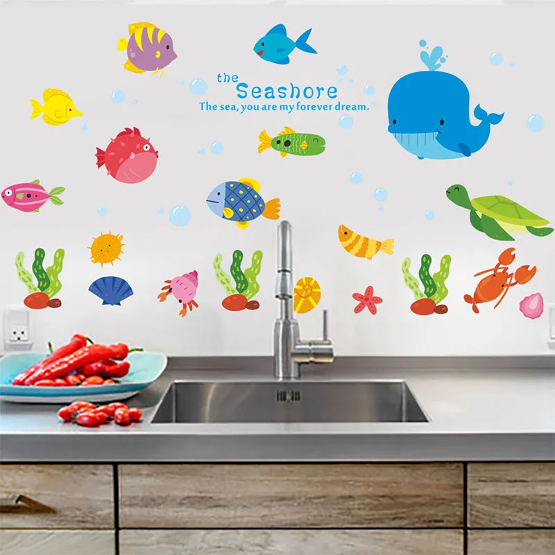 Us 2 63 20 Off Undersea Fish Whale Decorative Wall Stickers Kitchen Room Decoration Bathroom Pvc Seashore Diy Decor Characters Mural Decals In