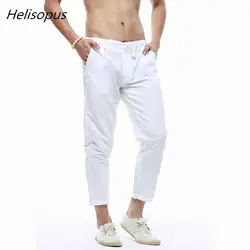 Helisopus Прямые хлопковые льняные брюки мужские по щиколотку с кулиской повседневные брюки летние брюки