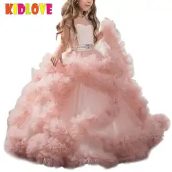KIDLOVE для маленьких девочек нарядные платья для свадьбы Розовый бальное платье, платье принцессы Длинные цветок малышей пышные платья