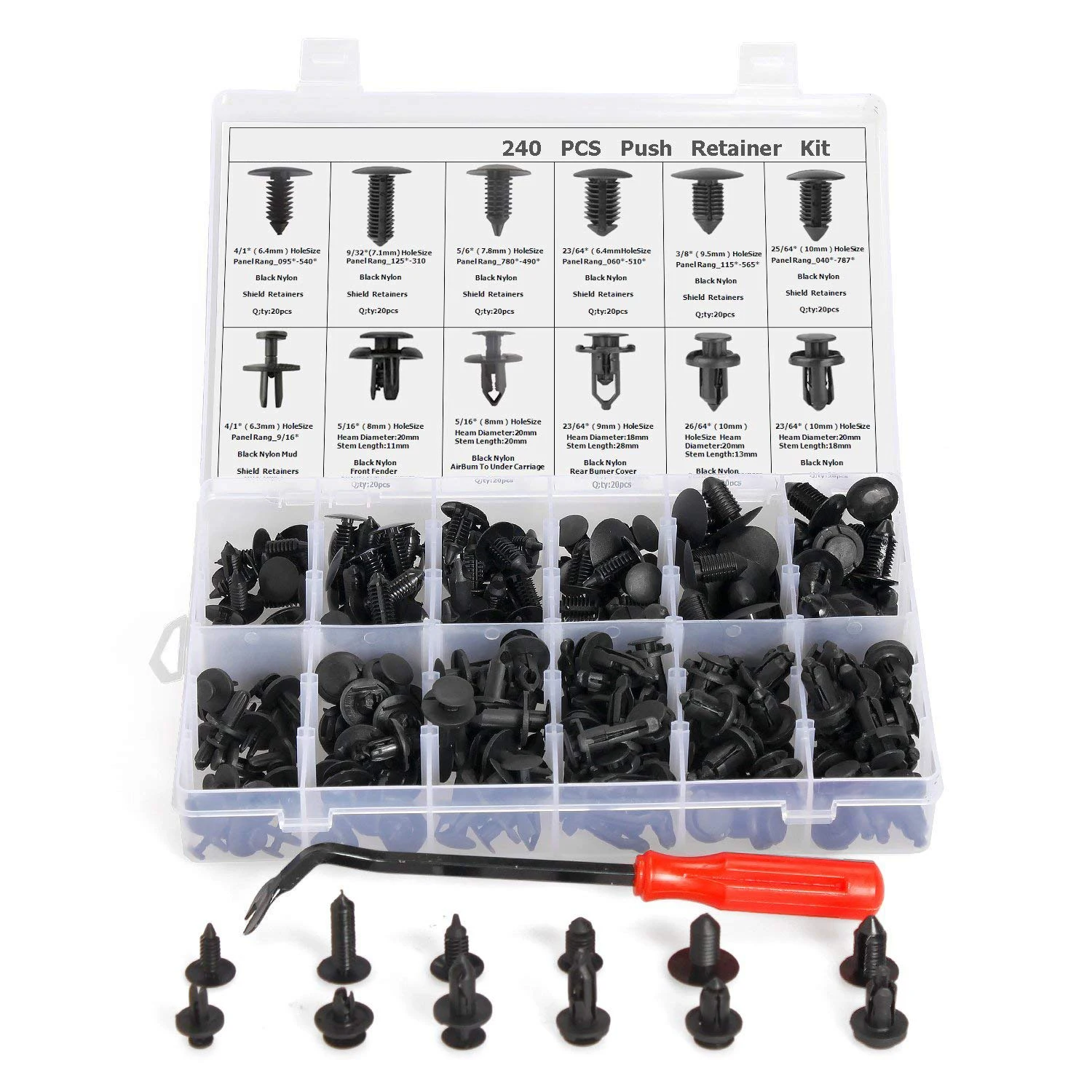 

240PCS Auto Fastener fit 6/8/10mm Hole Nylon Car Clips Fender Bumper Shield Retainer Plastic Rivet Automobile Auto Accessories