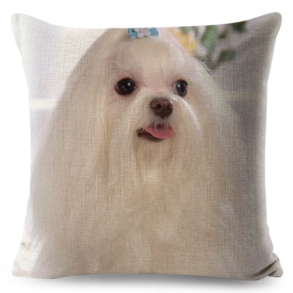 Cute Animal Pet Maltese Dog Pillow Cover Linen Cushion Covers 45*45cm Square Pillow Case Sofa Car Home Decoration Pillowcase