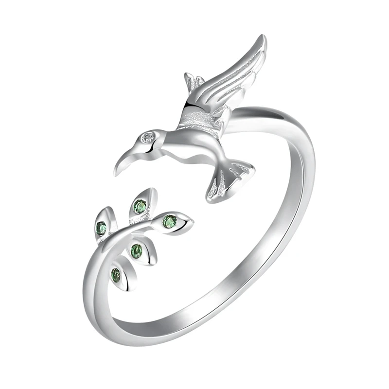 

1 PC Hummingbird Greeting Spring Leaf Ring Open Silver Color Size Finger Rings for Women Girls Fashion Jewelry Accessories New