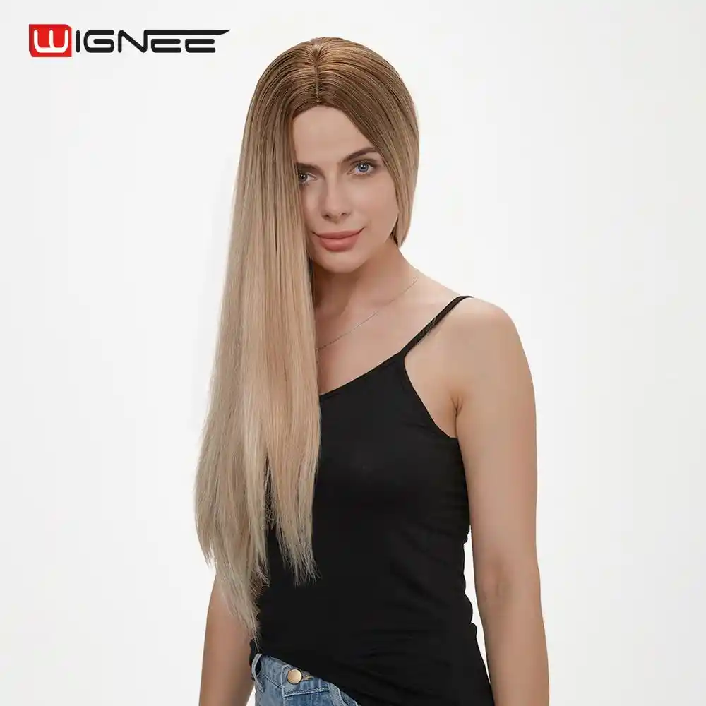 Wignee Long Straight Hair Synthetic Wig For Women Ombre Ash Blonde