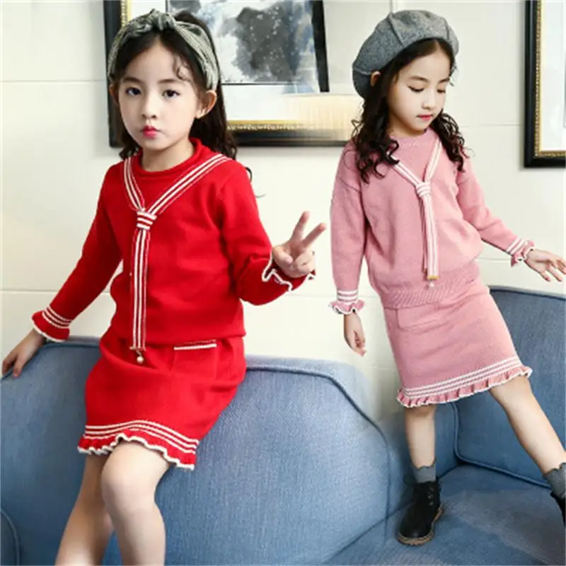 

High quality 2018 autumn girl Korean cute ruffled cuffs pullover sweater slim sweater two-piece suit skirt