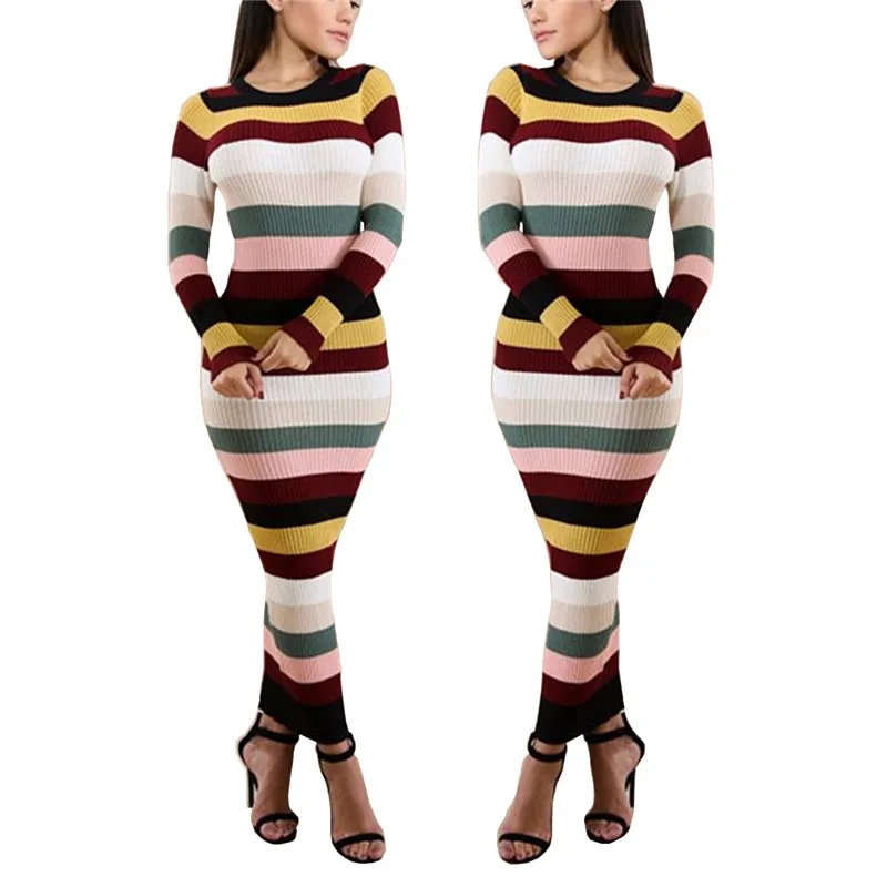 Autumn Long Sleeve Sexy Bodycon Dress Knitted Striped Maxi Dresses Slim Wrap Pencil Dress Christmas Clothes Vestidos09