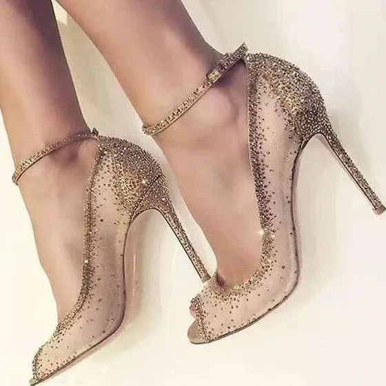 Charming Golden Glittering Crystal Stiletto Heels Pumps Fancy Mesh Lace Peep Toe Shoes Concise Women Line Buckle Style Shoes Women's Shoes