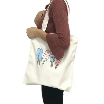 

1 Pcs Lovely Ice Cream Printed Women Canvas Reusable Shoulder Bag Durable Zipper Shopping Bags Gifts Handbag Size: 36*39 cm