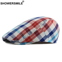 SHOWERSMILE, красная клетчатая хлопковая плоская кепка для мужчин, весна-лето, Женская плоская кепка, берет, мужская и женская повседневная Кепка в британском стиле