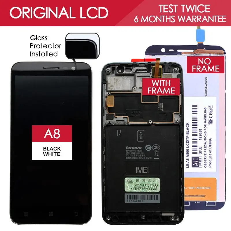 

100% Tested Original Black White TFT 1280x720 Display For LENOVO A806 A8 A808 A808T LCD with Touch Screen Digitizer Assembly