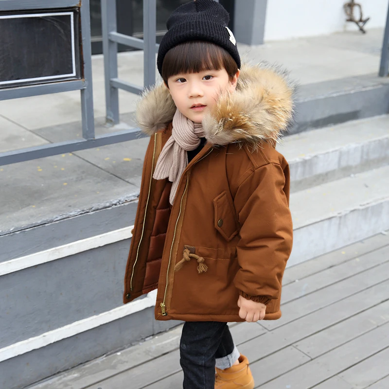 Русские зимние пальто для детей, верхняя одежда для мальчиков, куртка зимняя одежда толстые теплые детские парки с меховым воротником пуховое пальто с хлопковой подкладкой для мальчиков - Цвет: Коричневый