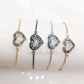 

10pcs/lot Micro Pave White Cubic Zirconia Abalone Love Heart Link Chain Bracelets Pulseras Fashion Jewelry