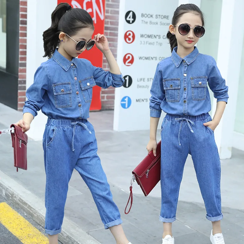 

2019 Spring Girls Denim Clothes Set Fashion Autumn Teen Kids Denim Shirts And Jeans Pants 2 Pcs For Girl 4-14 Years Wear Clj143