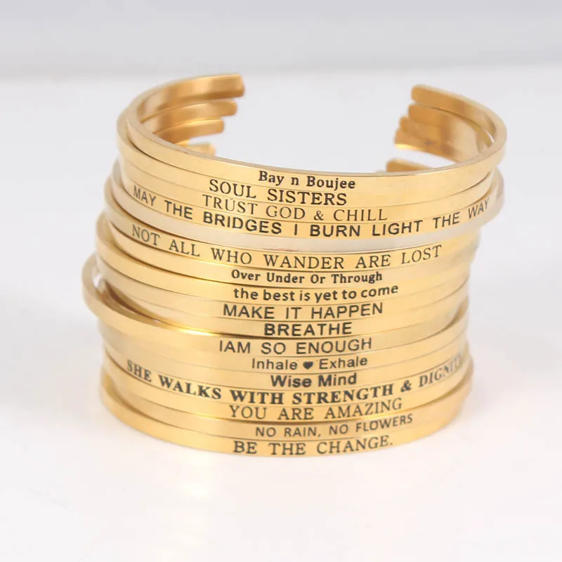 

Gold Stainless Steel Bangle Engraved Positive Inspirational Quote fashion Cuff Mantra Bracelets For Women