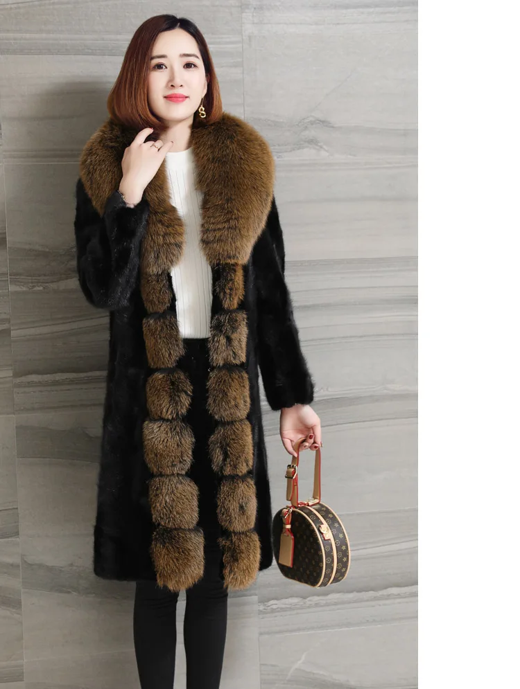Harppihop* Настоящая норковая шуба куртки женские зимние черные толстые теплые длинные Лисий меховой воротник натуральный мех норки шубы женские