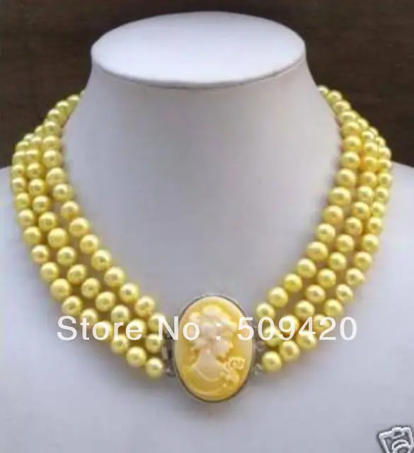 

~~ Free Shipping >>3Row Yellow Pearl Necklace Cameo Beauty Clasp