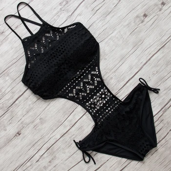 

Sexy Lace Swimsuit Women One Pieces Swimwear Female Hollow Swimming Suit Halter Bandage Bodysuit Padded Monokini Black Swim Wear
