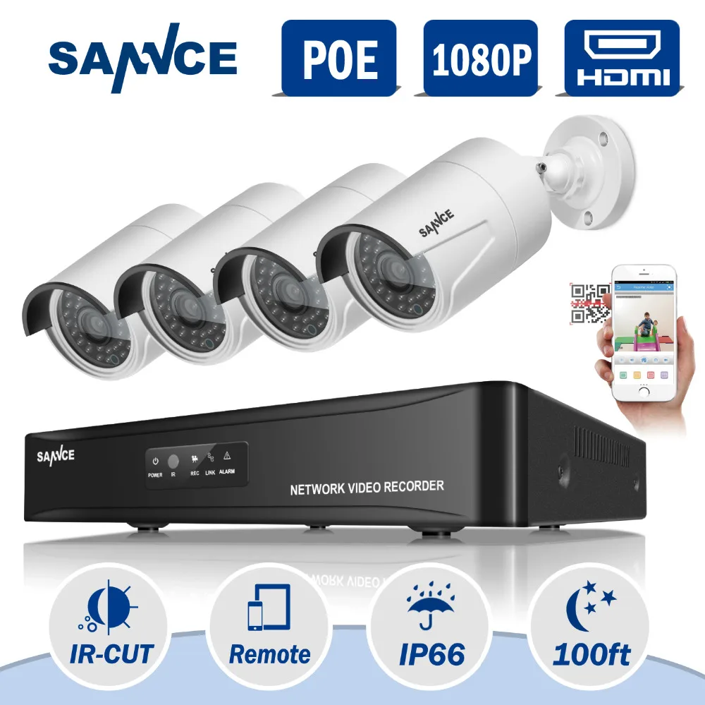 SANNCE 4CH CCTV NVR System POE NVR 1080P Video Ourput 4PCS 2.0 mp 1080p Weatherproof CCTV IP Camera Security System