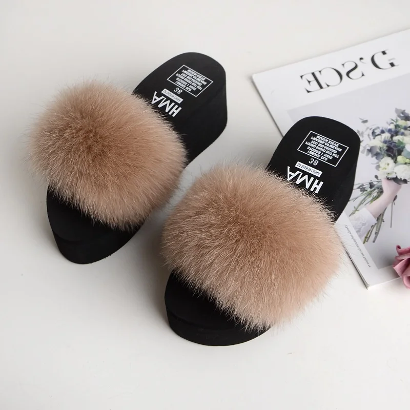 

Big Fox Fur Slides for Women's Furry Slippers Platform Wedges Fluffy Sliders Ladies Sweet Real Fox Fur Flip Flops Plush Shoes
