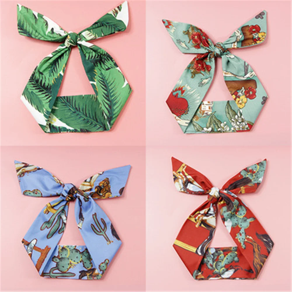 

Rabbit Ears Personality Retro Headdress Printed Bow Tie Wire Wide Hair Band Head Scarf Adjustable Shape DIY HairBand Accessories