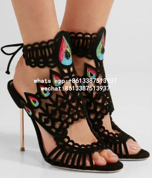 New 2017 Hot Selling Fashion Women Luxury Sexy Black Gladiator Cuts Out Open Toe Lace Up Back 100 mm Phaedra Peacock Sandals New 2017 Hot Selling Fashion Women Luxury Sexy Black Gladiator Cuts Out Open Toe Lace Up Back 100 mm Phaedra Peacock Sandals