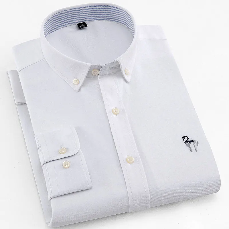 High Quality New Men Oxford Shirts Embroidery Long Sleeve Without