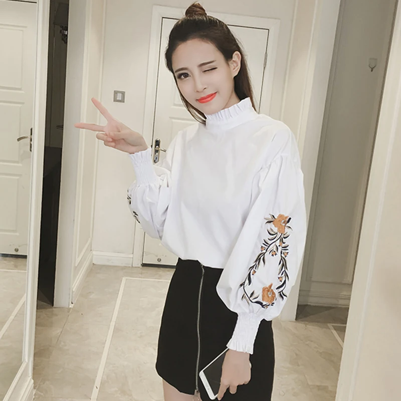 Women Blouses Solid Embroidery Ruffled Stand Collar Full Length Lantern Sleeves Woman Shirts 2019 Flower Loose Casual Female Top