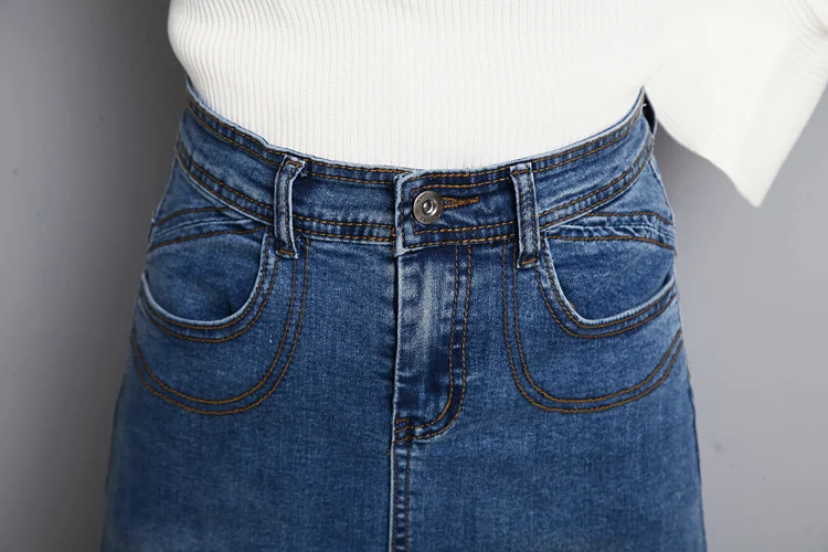 Женские джинсы, Обтягивающие юбки, синие, для девушек, высокая талия, длина до колена, Повседневная джинсовая юбка-карандаш для женщин, saia