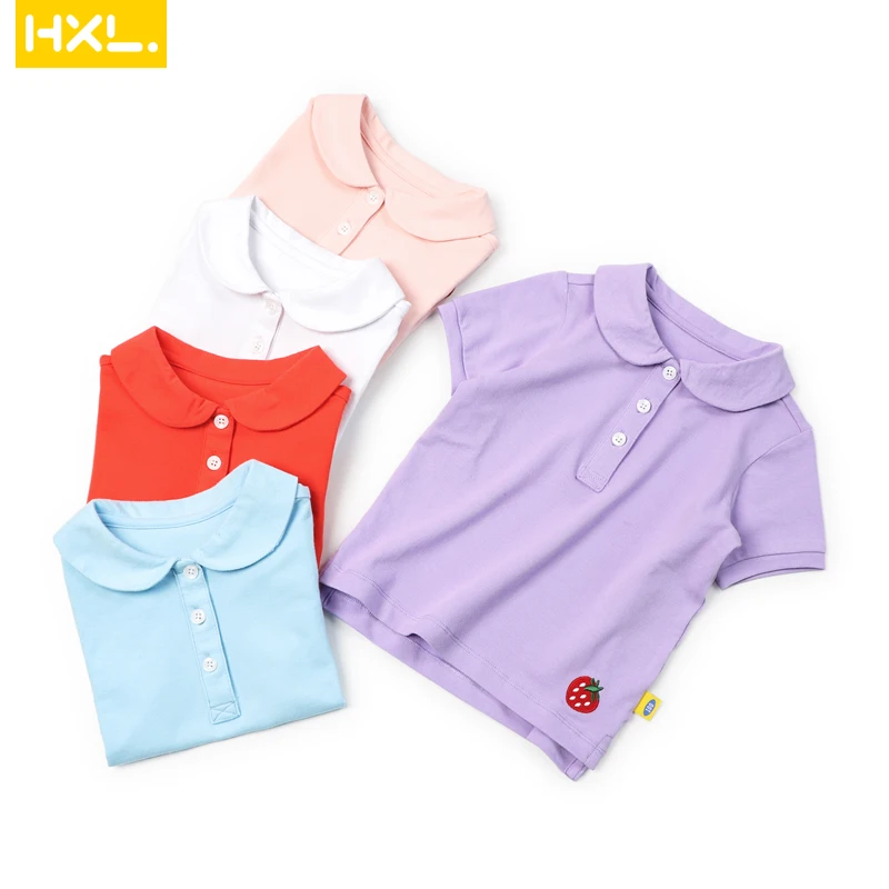 

2019 Summer High Quality Girls polo Shirts Short Sleeved Cotton Solid Thin Peter-Pan Collar Embroidery Short front and long back