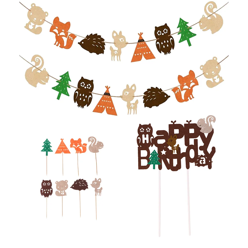 

11 Pcs Birthday Decoration Forest Style Animals Shaped Cake Toppers Cake Inserts Paper-cut Strings for Garden School