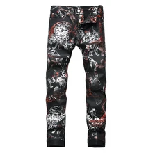 Sokotoo Men's tiger animal printed coated jeans Fashion slim fit black painted stretch pants
