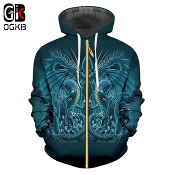 

OGKB Animal Zip Hoodies Cool Print Blue Dragon 3D Sweatshirt For Women/men Hiphop Streetwear Punk Style Long Sleeve Hooded Hoody