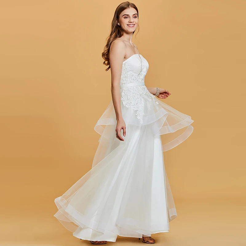Tanpell без бретелек вечернее платье белое без рукавов длиной до пола ТРАПЕЦИЕВИДНОЕ ПЛАТЬЕ леди аппликации Свадьба официальное длинное вечернее платье