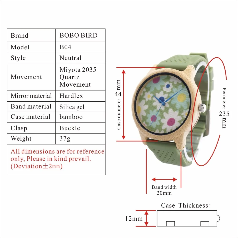 BOBO BIRD B04 унисекс деревянные часы с цветочным принтом Циферблат Женские бамбуковые кварцевые часы с зеленым силиконовым ремешком kol saati