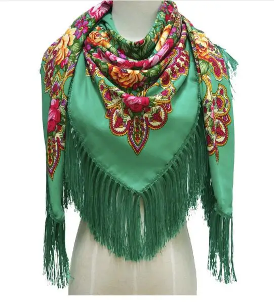 Женский русский цветочный принт, большие размеры, квадратный платок, одеяла, Свадебный шарф с кисточками, Ретро стиль, хлопковый платок, 135*135 см, 260 г - Цвет: Зеленый