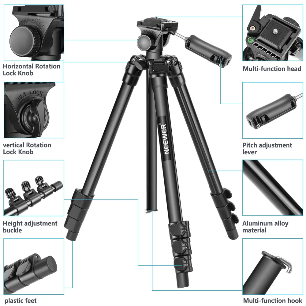 Портативный штатив Neewer для путешествий, камеры, телефона, монопод, 57,5 дюймов, алюминий, с поворотной головкой и зажимом для телефона, для DSLR камеры, телефона