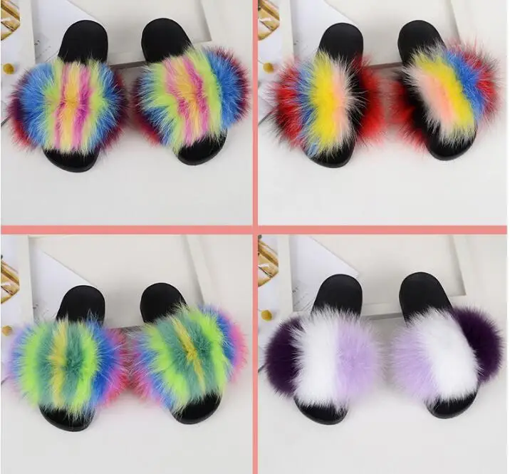 New Mixed Color Real Fox Fur Slippers Slides Casual Shoes Fluffy Slippers Flip Flops Furry Shoes Women