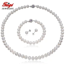Классические Ювелирные наборы из пресноводного жемчуга для женщин, свадебный подарок 7,5-8,5 мм, белый жемчуг, 925 серебряные серьги, набор свадебных ювелирных украшений