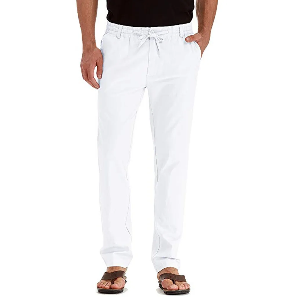Мужские брюки, повседневные, льняные, дышащие, свободные, длинные штаны, одноцветные, эластичная талия, прямые, тонкие, льняные брюки для мужчин размера плюс M-4XL - Цвет: Белый