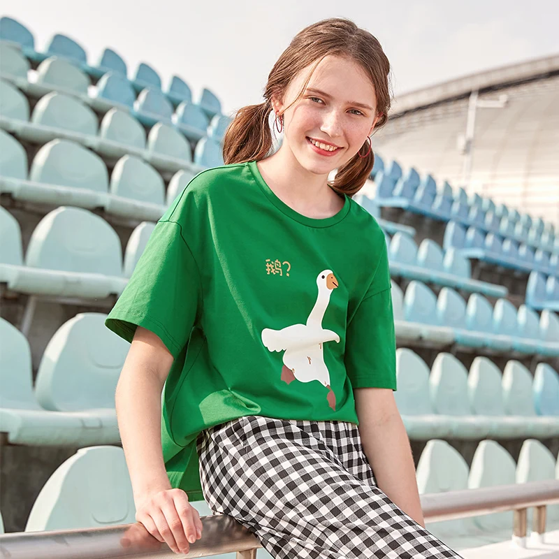 

2019 New Design Summer Women T-shirt Green Funny Goose Print Ladies Loose Tee Tops Tshirt Cotton Preppy Style