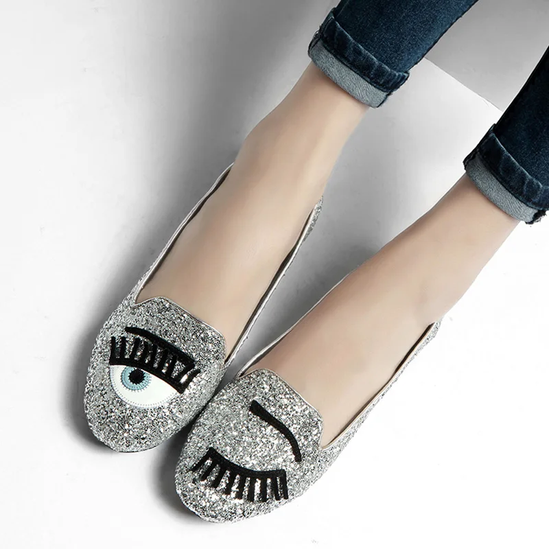 

2017 Fashion Women Eyelashes Flats Casual Bling Glitter Shoes Woman Slip On Silver Gold Creepers Chaussure Femme Plus Size 35-41