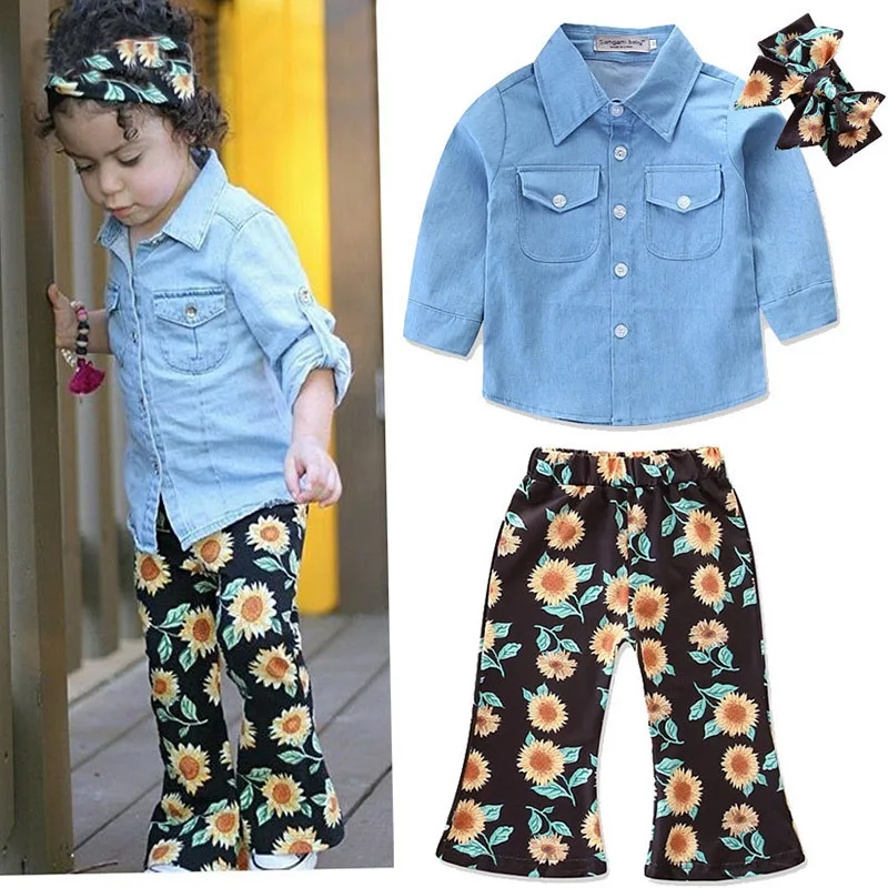 

3PCS Toddler Kids Girl Clothing Set Long Sleeve Denim Shirt Tops+Sunflower Flared Pant Bell bottom Headband Outfits Clothes