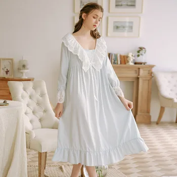

Princess 100% Cotton Sexy Sleepwear Woman Court Lace Sexy Long-sleeved Womens Lingerie Nightgown Lovely Night Gown Nightwear
