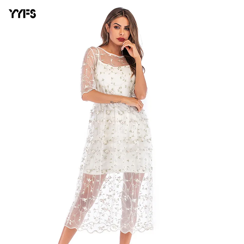 

2019 New Women's Dresses Fresh Casual Shredded Flower Embroidery Two Sets Long Mesh Slim A-word Sexy Dress Clothing