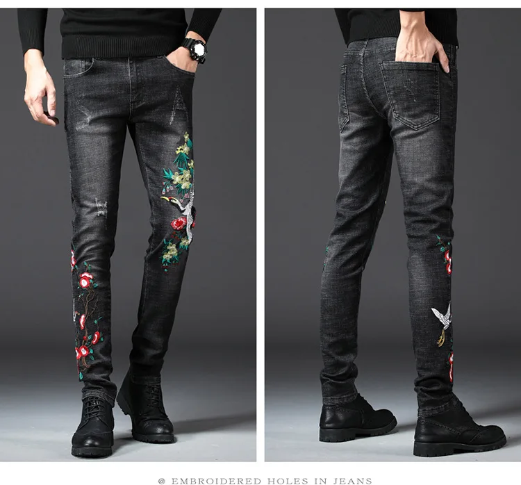 Вышивка красно-короненный Кран мужские джинсы цветочный стрейч узкие брюки мужские джинсы Ковбой тонкий проблемный промытый Повседневный