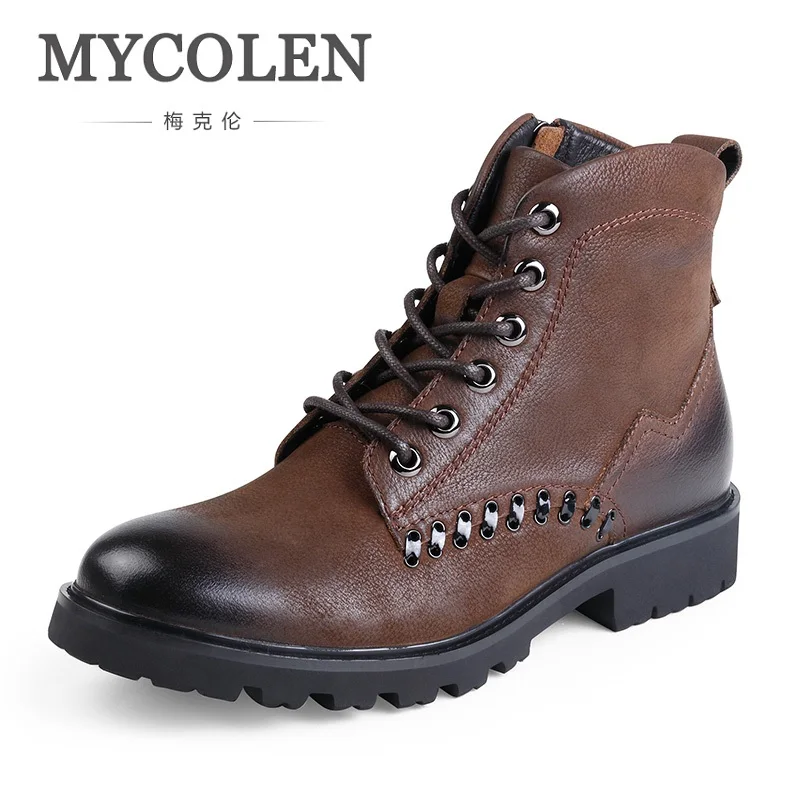 MYCOLEN Men's Martin Boots Spring Leather Work Winter Snow Warm Plush ...