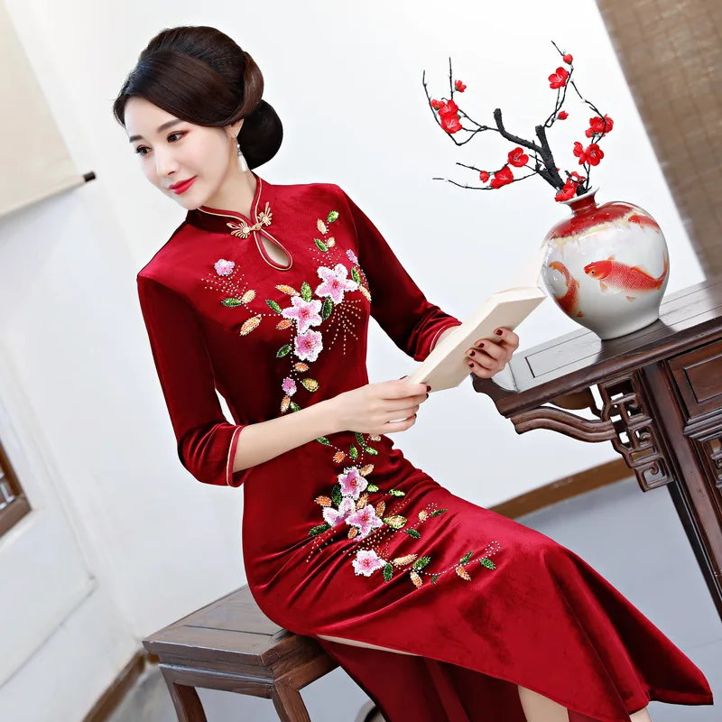 2019 сезон: весна-лето женские Cheongsam китайский стиль платье велюр Qipao Тонкий платья для вечеринок Леди Кнопка Vestido новые цветы S-3XL